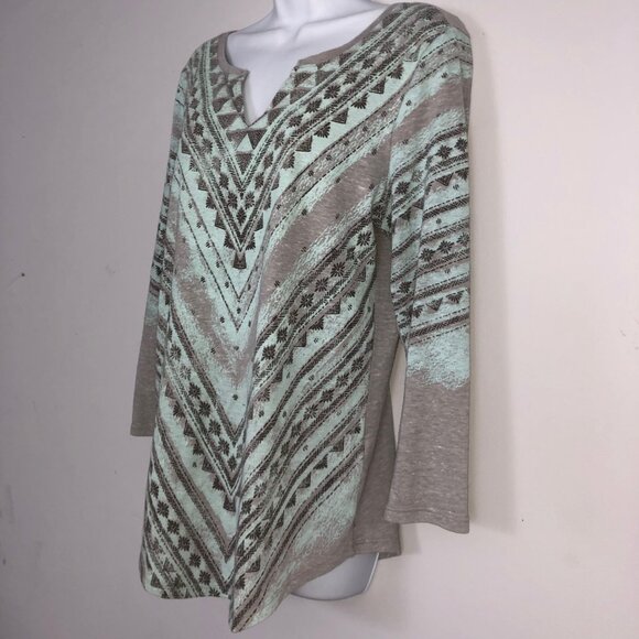 Lucky Brand Tunic Top Womens L Blue Gray Aztec Boho Bohemian India Long Sleeve - Picture 2 of 8